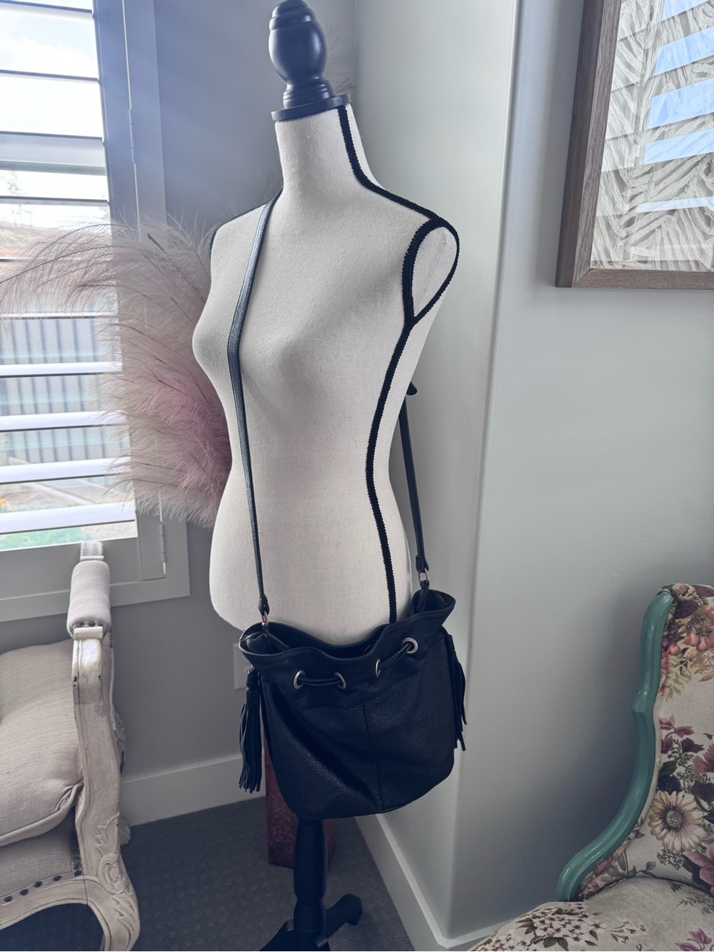 American Eagle Boho Black Leather Fringe Crossbody Bag